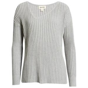 NEW Open Edit Ribbed Sweater Asymmetric Vneck Tunic Long Sleeve Gray Size Small